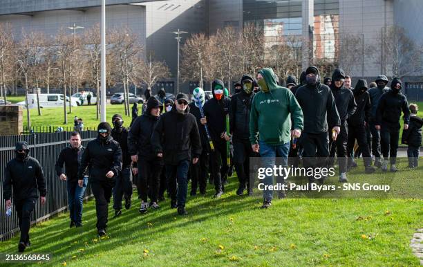 As Celtic fans gather to see their team off ahead of the Rangers v Celtic match at Celtic Park, on April 06 in Glasgow, Scotland.