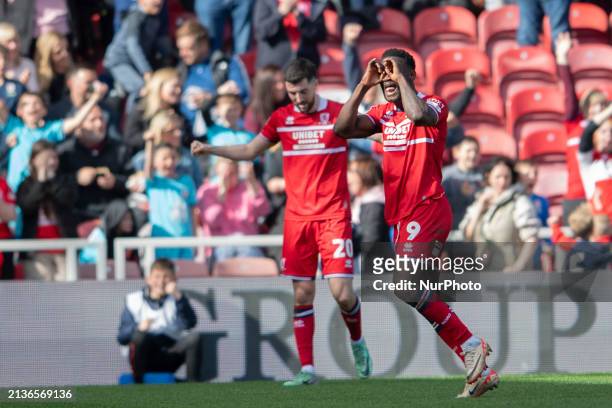Emmanuel Latte Lath of Middlesbrough is scoring the game's first goal and celebrating during the Sky Bet Championship match between Middlesbrough and...