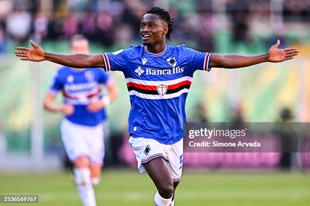 Ebrima Darboe of Sampdoria celebrates after scoring a goal during the Serie B match between Palermo and UC Sampdoria at Stadio Renzo Barbera on April...