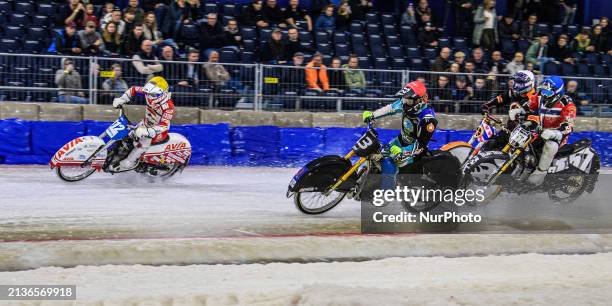 Niek Schaap of The Netherlands, in yellow, is leading Filip Jager of Sweden, in red, Jo Saetre of Norway, in blue, and Sebastian Reitsma of The...