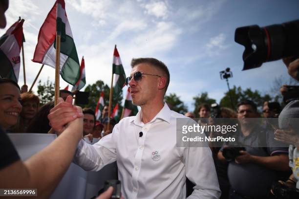 Peter Magyar is greeting the crowd at an anti-government protest in Budapest, Hungary, on April 6. He organized the protest after releasing an audio...