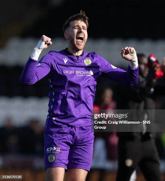 St Mirren's Zachary Hemming celebrates making the top 6 at Full Time during a cinch Premiership match between St Mirren and Heart of Midlothian at...