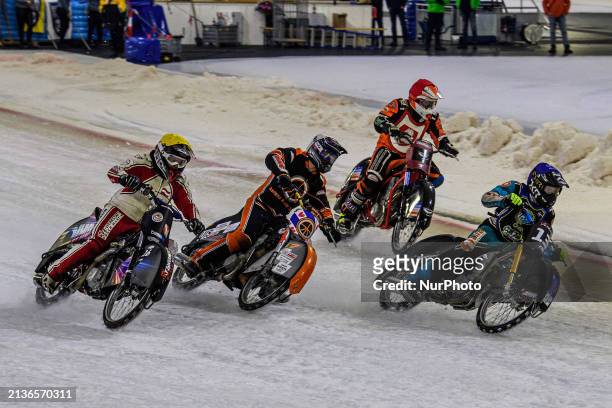 Filip Jager of Sweden in blue is leading Sebastian Reitsma of the Netherlands in white, Martin Posch of Austria in yellow, and Lukas Hutla of the...