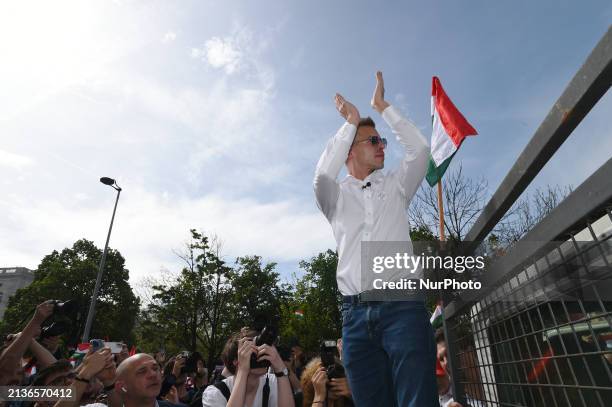 Peter Magyar is greeting the crowd at an anti-government protest in Budapest, Hungary, on April 6. He organized the protest after releasing an audio...