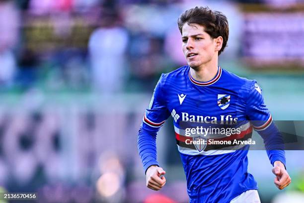 Estanislau Pedrola of Sampdoria is seen in action during the Serie B match between Palermo and UC Sampdoria at Stadio Renzo Barbera on April 6, 2024...