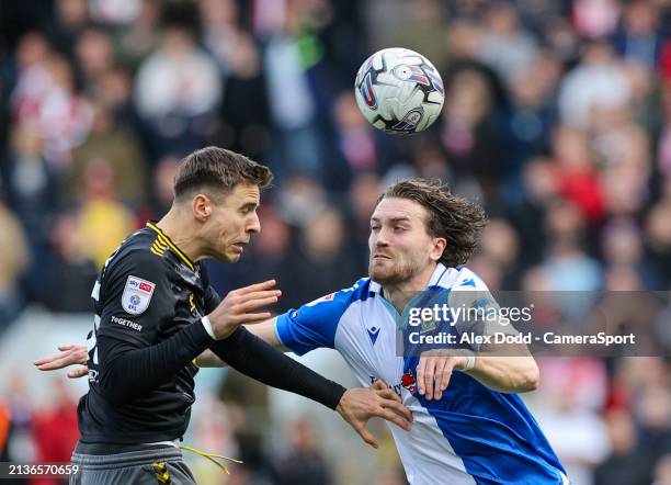 Blackburn Rovers' Sam Gallagher vies for possession with Southampton's Jan Bednarek during the Sky Bet Championship match between Blackburn Rovers...