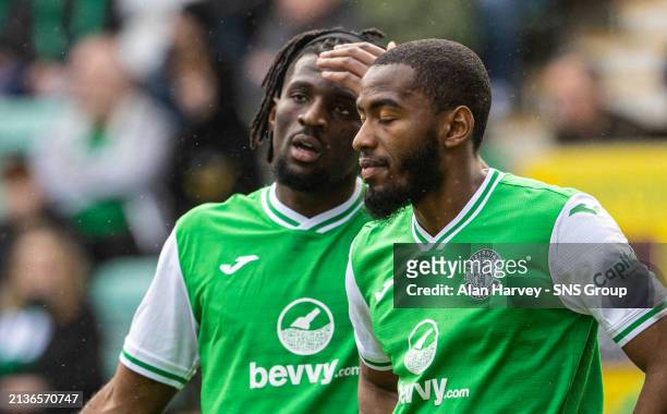 Hibernian's Rocky Bushiri and Myziane Maoliday look dejected during a cinch Premiership match between Hibernian and St Johnstone at Easter Road, on...