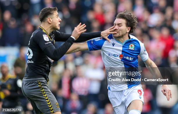 Blackburn Rovers' Sam Gallagher vies for possession with Southampton's Jan Bednarek during the Sky Bet Championship match between Blackburn Rovers...