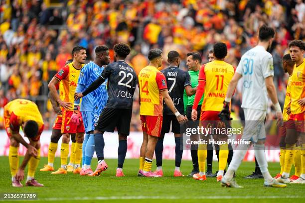 Brice SAMBA of Lens, Yoann SALMIER of Le Havre AC and Florian SOTOCA of Lens during the Ligue 1 Uber Eats match between Lens and Le Havre at Stade...