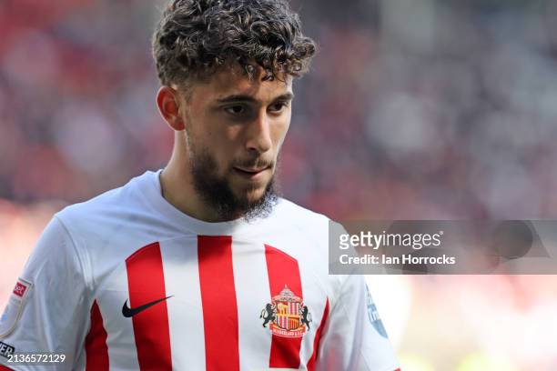 Adil Aouchiche of Sunderland during the Sky Bet Championship match between Sunderland and Bristol City at Stadium of Light on April 6, 2024 in...