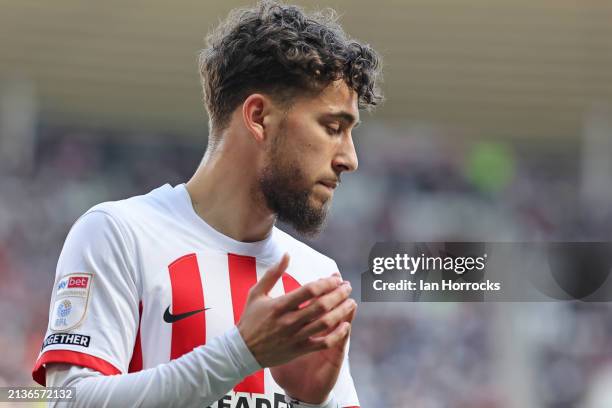 Adil Aouchiche of Sunderland during the Sky Bet Championship match between Sunderland and Bristol City at Stadium of Light on April 6, 2024 in...