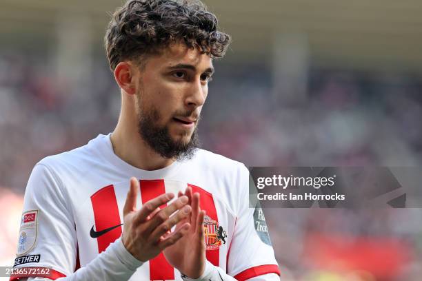 Adil Aouchiche of Sunderland during the Sky Bet Championship match between Sunderland and Bristol City at Stadium of Light on April 6, 2024 in...