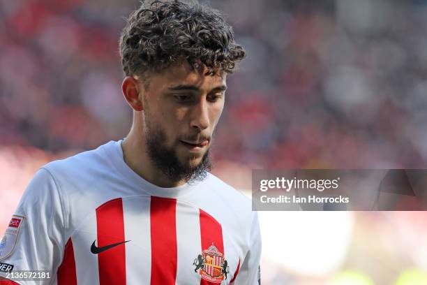 Adil Aouchiche of Sunderland during the Sky Bet Championship match between Sunderland and Bristol City at Stadium of Light on April 6, 2024 in...