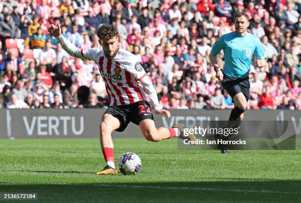 Adil Aouchiche of Sunderland runs with the ball during the Sky Bet Championship match between Sunderland and Bristol City at Stadium of Light on...