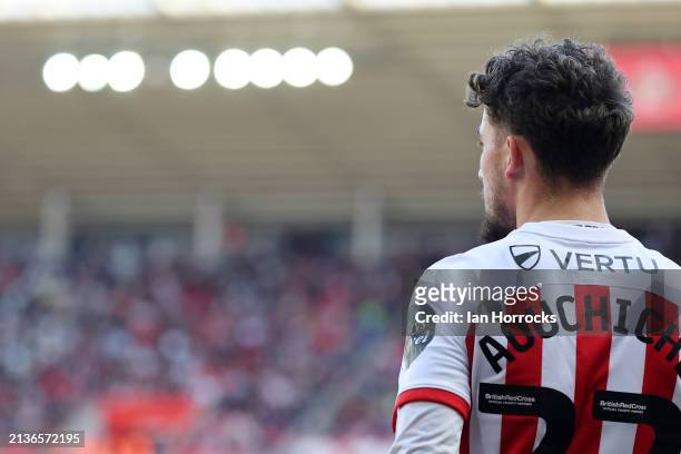 Adil Aouchiche of Sunderland during the Sky Bet Championship match between Sunderland and Bristol City at Stadium of Light on April 6, 2024 in...