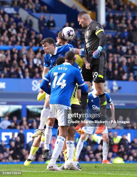 Burnley goalkeeper Arijanet Muric attempts a headed shot towards goal during the Premier League match at Goodison Park, Liverpool. Picture date:...