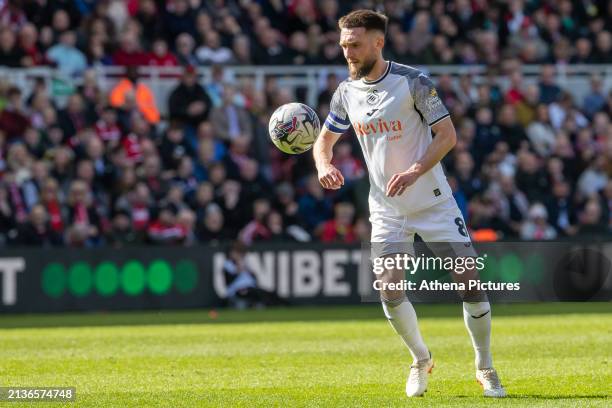 Matt Grimes of Swansea City controls the ball during the Sky Bet Championship match between Middlesbrough and Swansea City at the Riverside Stadium...