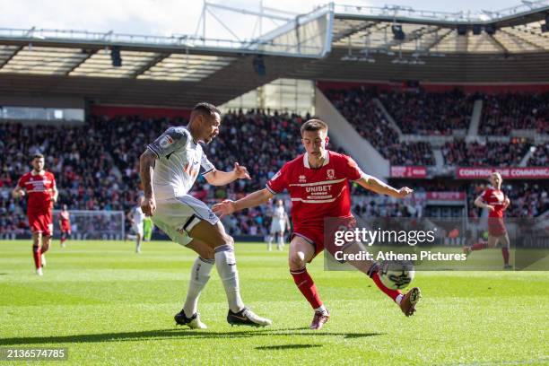 Luke Thomas of Middlesbrough blocks a cross from Ronald of Swansea City during the Sky Bet Championship match between Middlesbrough and Swansea City...