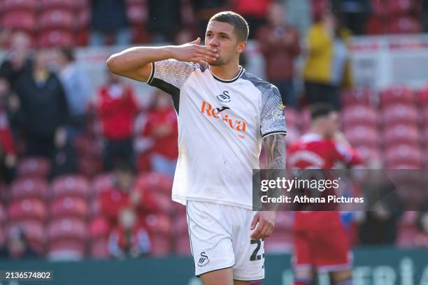 Nathan Wood of Swansea City blows a kiss to his family during the Sky Bet Championship match between Middlesbrough and Swansea City at the Riverside...