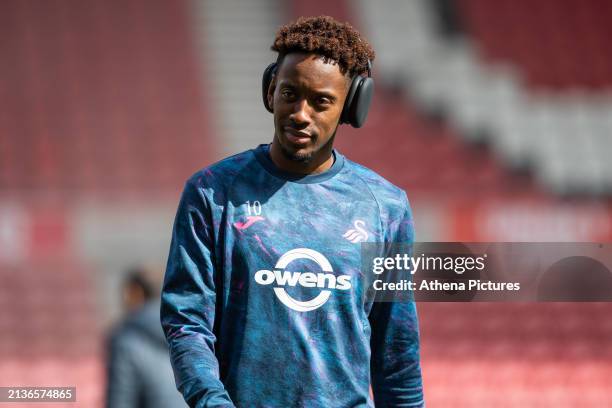 Jamal Lowe of Swansea City during the Sky Bet Championship match between Middlesbrough and Swansea City at the Riverside Stadium on April 06, 2024 in...