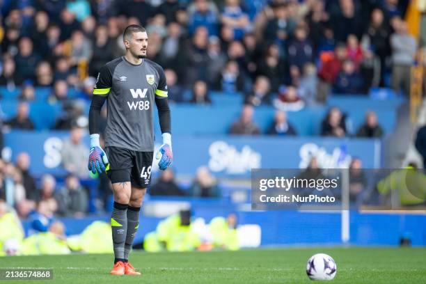 Aro Muric of Burnley F.C. Is playing during the Premier League match between Everton and Burnley at Goodison Park in Liverpool, on April 6, 2024.