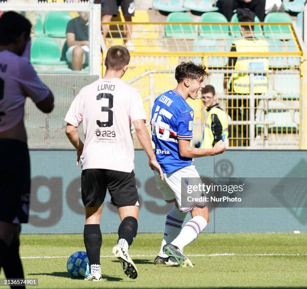 Giovanni Leoni of UC Sampdoria is celebrating a goal during the Serie B BKT match between Palermo FC and UC Sampdoria in Palermo, Italy, on April 6,...