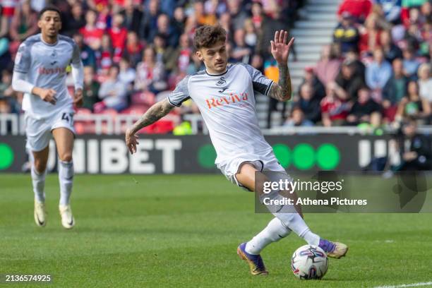 Jamie Paterson of Swansea City keeps the ball in play during the Sky Bet Championship match between Middlesbrough and Swansea City at the Riverside...