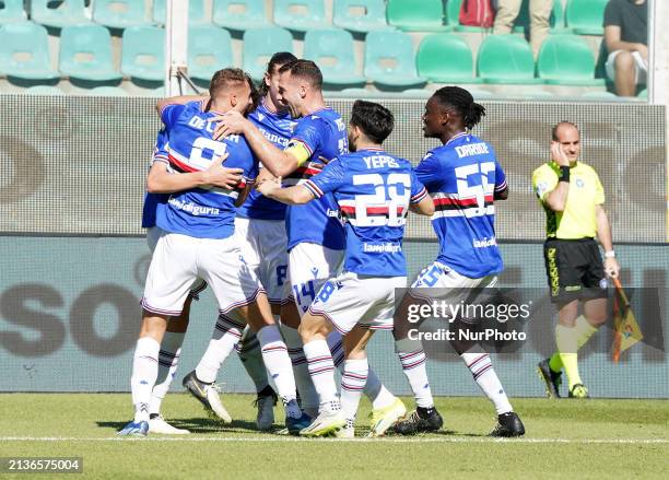 Giovanni Leoni of UC Sampdoria is celebrating a goal during the Serie B BKT match between Palermo FC and UC Sampdoria in Palermo, Italy, on April 6,...