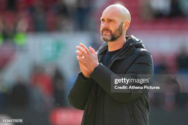 Luke Williams Manger of Swansea City applauds the supporters during the Sky Bet Championship match between Middlesbrough and Swansea City at the...