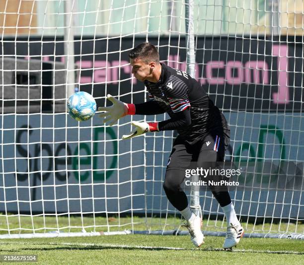 Filip Stankovic of UC Sampdoria is playing in the Serie B BKT match between Palermo FC and UC Sampdoria in Palermo, Italy, on April 6, 2024.