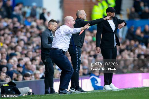 Everton F.C. Manager Sean Dyche is gesticulating during the Premier League match between Everton and Burnley at Goodison Park in Liverpool, on April...