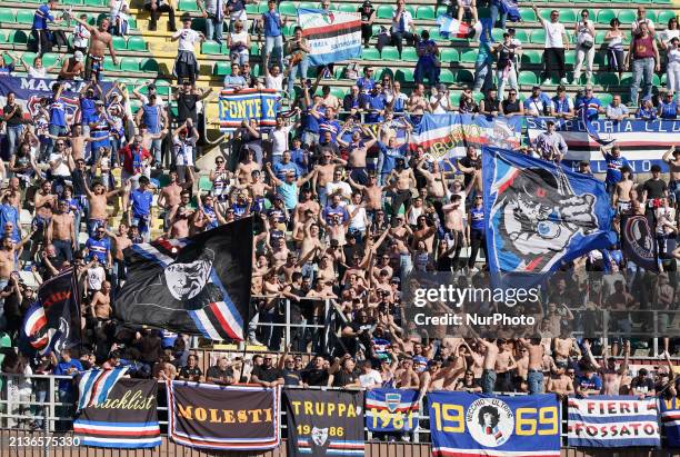 Supporters of UC Sampdoria are cheering during the Serie B BKT match between Palermo FC and UC Sampdoria in Palermo, Italy, on April 6, 2024.