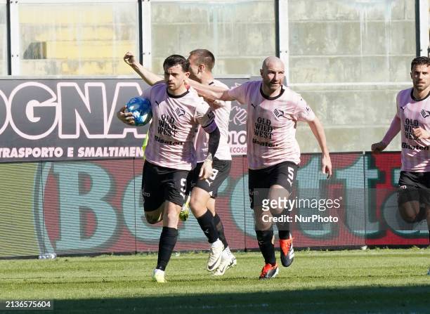 Matteo Brunori of Palermo FC is celebrating a goal during the Serie B BKT match between Palermo FC and UC Sampdoria in Palermo, Italy, on April 6,...
