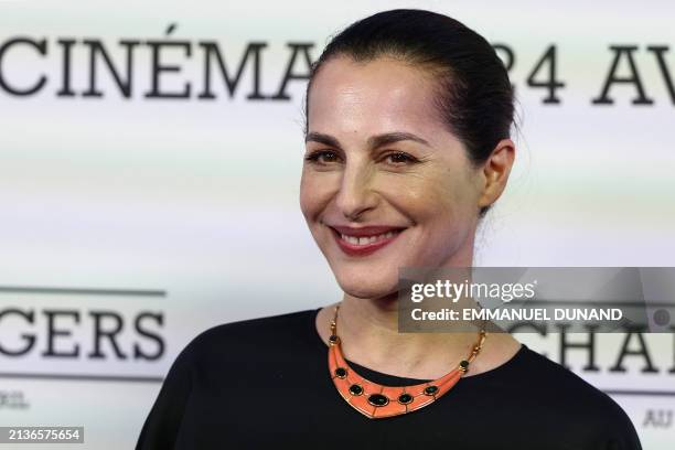 French-british actress Amira Casar poses upon arrival to attend the Premiere of the movie "Challengers" in Paris on April 6, 2024.