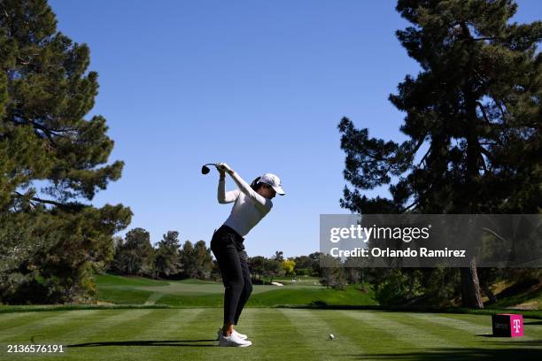 Albane Valenzuela of Switzerland plays her shot from the second tee on day one of the LPGA T-Mobile Match Play presented by MGM Rewards at Shadow...