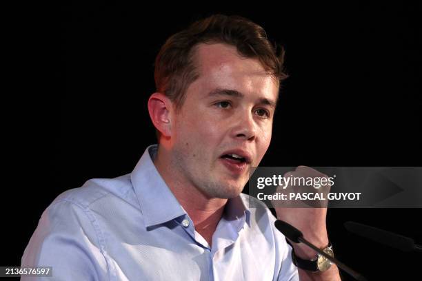 French far-right activist, founder and leader of "Generation Z" Stanislas Rigault speaks during a meeting of the French far-right "Reconquete!"...