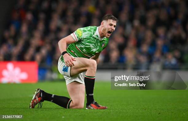 Dublin , Ireland - 6 April 2024; Freddie Steward of Leicester Tigers reacts during the Investec Champions Cup Round of 16 match between Leinster and...