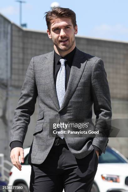 Filip Zadina of the San Jose Sharks arrives before a game against the St. Louis Blues at SAP Center on April 6, 2024 in San Jose, California.