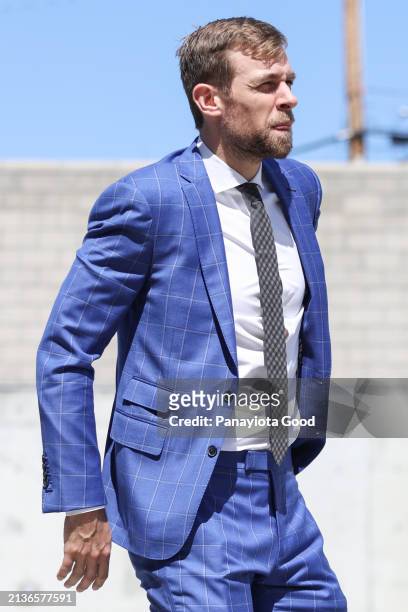 Jan Rutta of the San Jose Sharks arrives before a game against the St. Louis Blues at SAP Center on April 6, 2024 in San Jose, California.