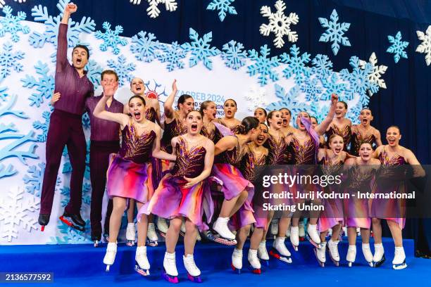 Team Haydenettes of USA react during the ISU World Synchronized Skating Championships Zagreb on April 6, 2024 in Zagreb, Croatia.