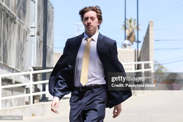 Collin Graf of the San Jose Sharks arrives before his NHL debut against the St. Louis Blues at SAP Center on April 6, 2024 in San Jose, California.