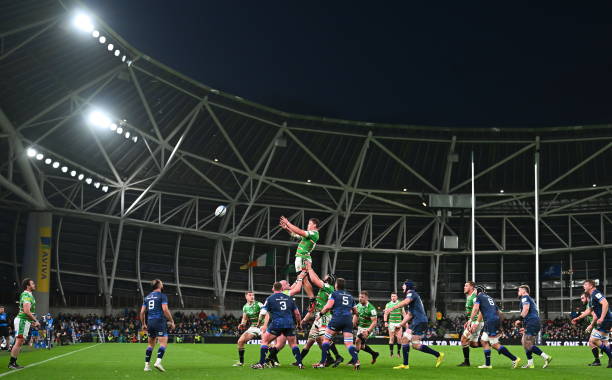 Dublin , Ireland - 6 April 2024; Jasper Wiese of Leicester Tigers wins possession in a line-out during the Investec Champions Cup Round of 16 match...