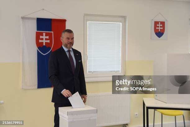 Peter Pellegrini, presidential candidate and current speaker of the Slovak National Council cast his vote at a polling station during the second...