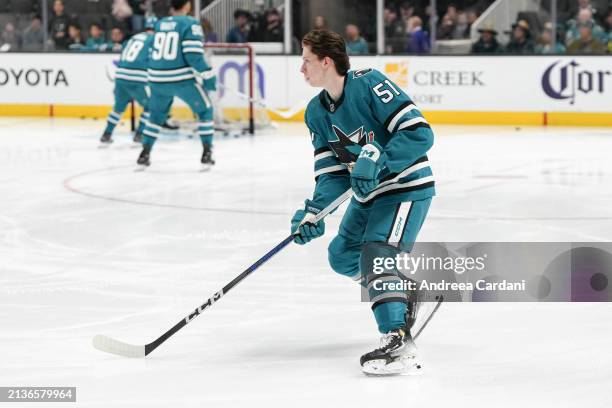 Collin Graf of the San Jose Sharks skates on the ice in his first NHL game against the St. Louis Blues at SAP Center on April 6, 2024 in San Jose,...