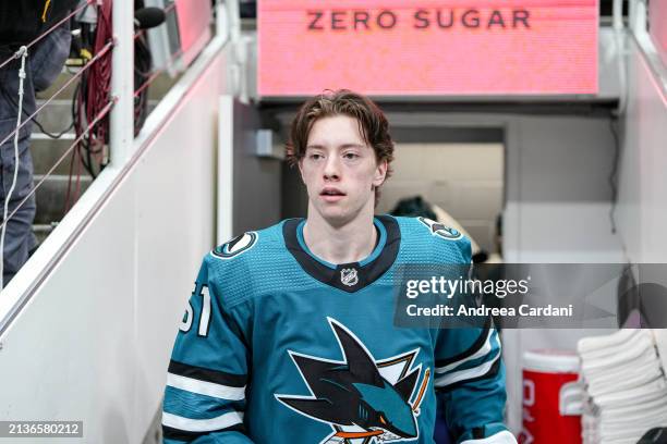 Collin Graf of the San Jose Sharks skates on the ice in his first NHL game against the St. Louis Blues at SAP Center on April 6, 2024 in San Jose,...