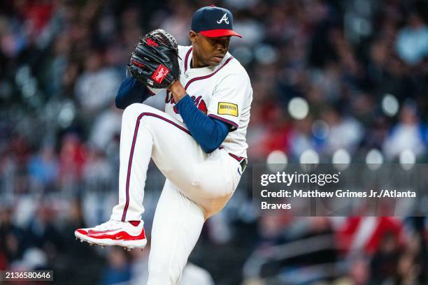 Raisel Iglesias of the Atlanta Braves pitches in the ninth inning against the Arizona Diamondbacks at Truist Park on Friday, April 5, 2024 in...