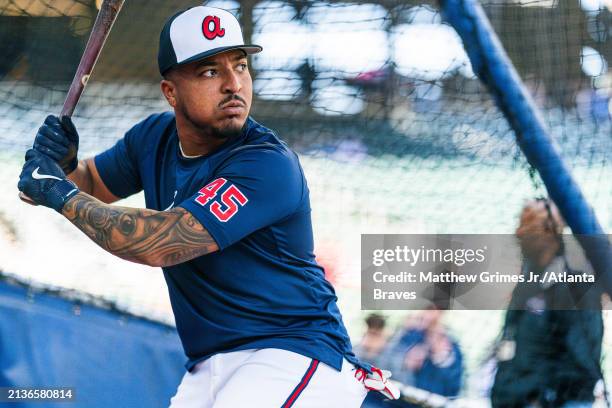 Chadwick Tromp of the Atlanta Braves takes batting practice before the game against the Arizona Diamondbacks at Truist Park on Friday, April 5, 2024...