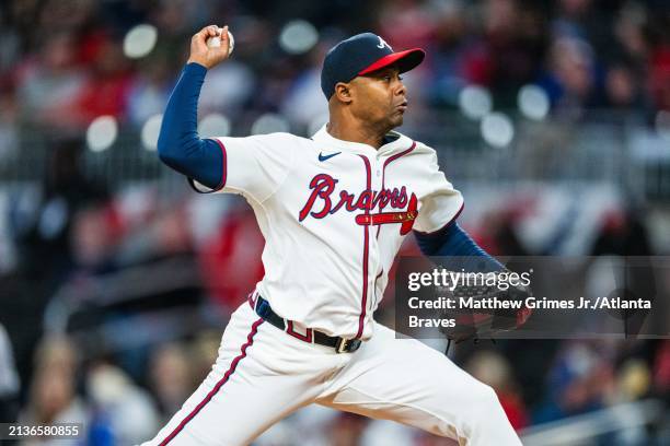 Raisel Iglesias of the Atlanta Braves pitches in the ninth inning against the Arizona Diamondbacks at Truist Park on Friday, April 5, 2024 in...