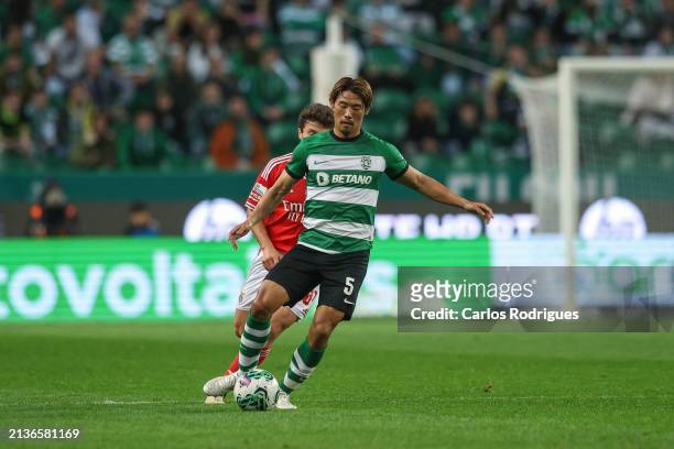 Hidemasa Morita of Sporting CP during the Liga Portugal Bwin match between Sporting CP and SL Benfica at Estadio Jose Alvalade on April 6, 2024 in...
