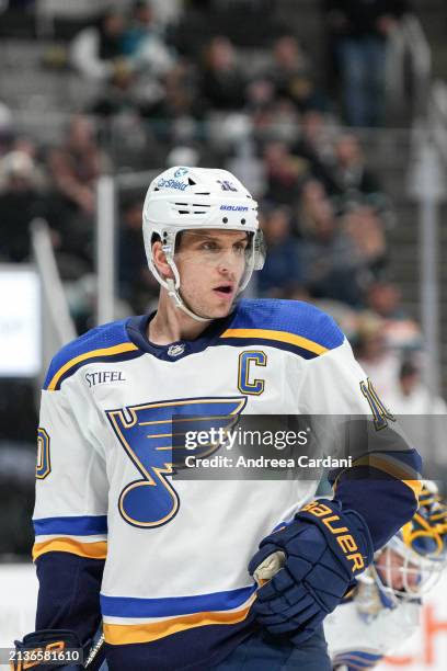 Brayden Schenn of the St. Louis Blues looks on during the first period against the San Jose Sharks at SAP Center on April 6, 2024 in San Jose,...